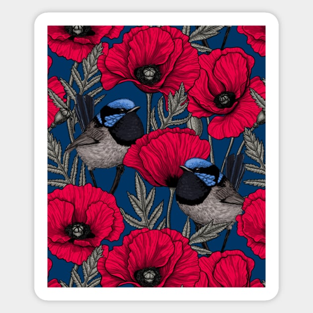 Fairy wrens and red poppies Sticker by katerinamk